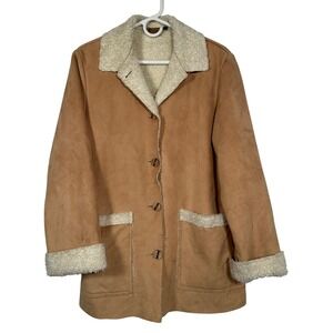 Tsunami Tan Faux Suede Sherpa Lined Button Front Jacket Coat Made in Canada M